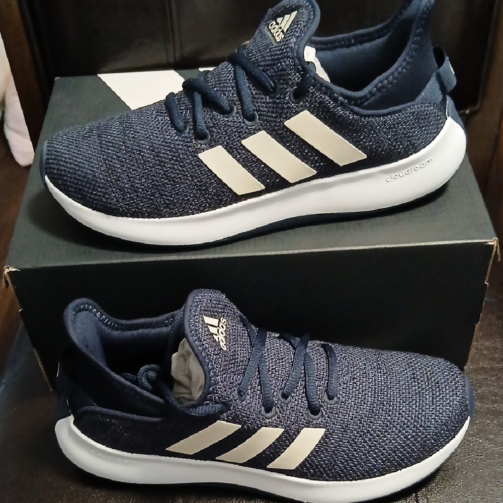 Adidas Blue and White Athletic Shoes with Knit Upper - Picture 1 of 5